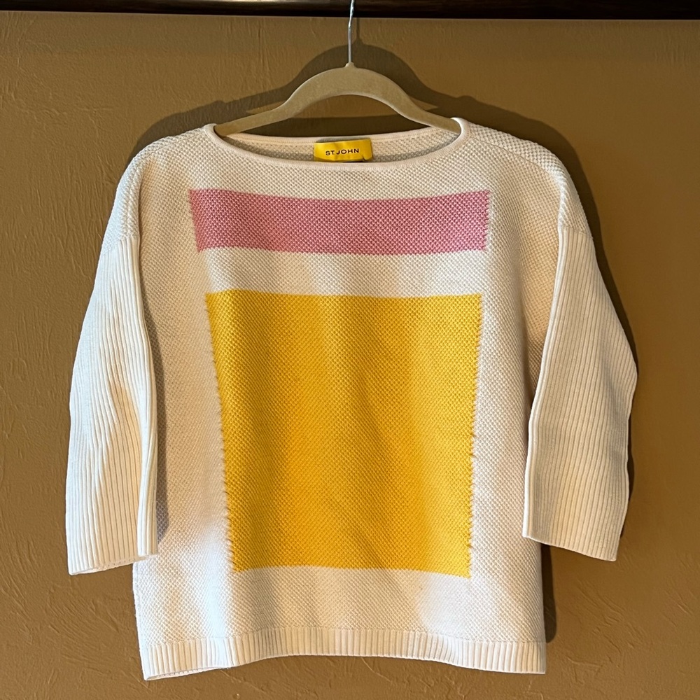 St. John - Ivory, Pink & Yellow Textured Cropped-Sleeve Wool Sweater Medium